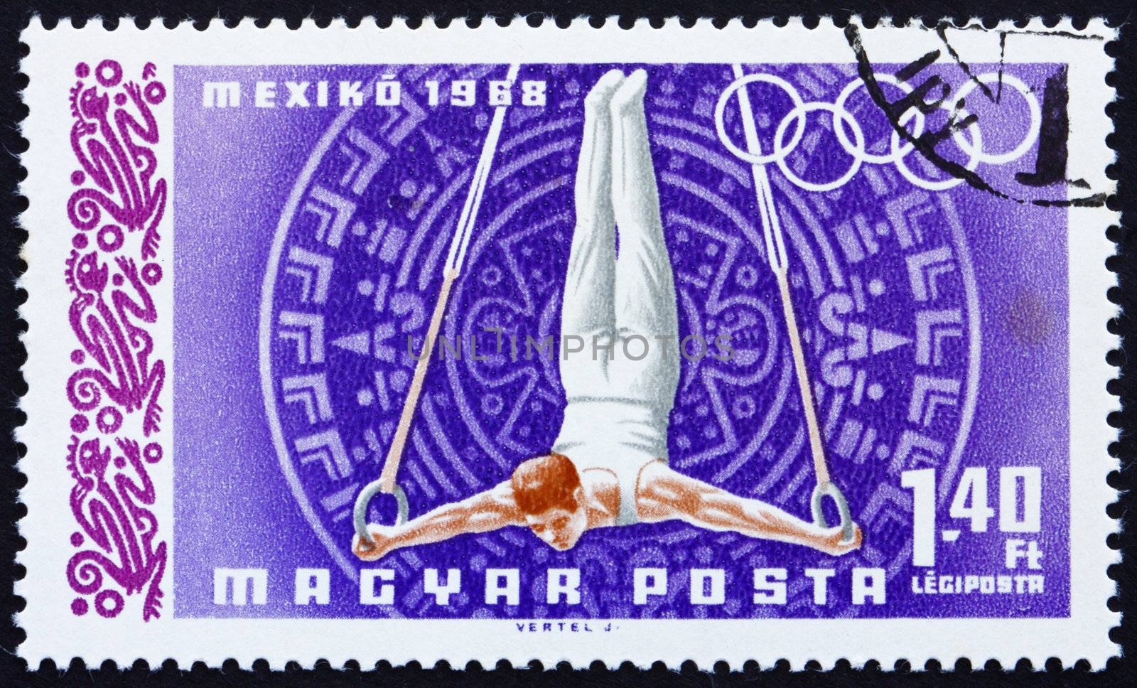 HUNGARY - CIRCA 1968: a stamp printed in the Hungary shows Gymnast on Rings, Summer Olympic sports, Mexico 68, circa 1968