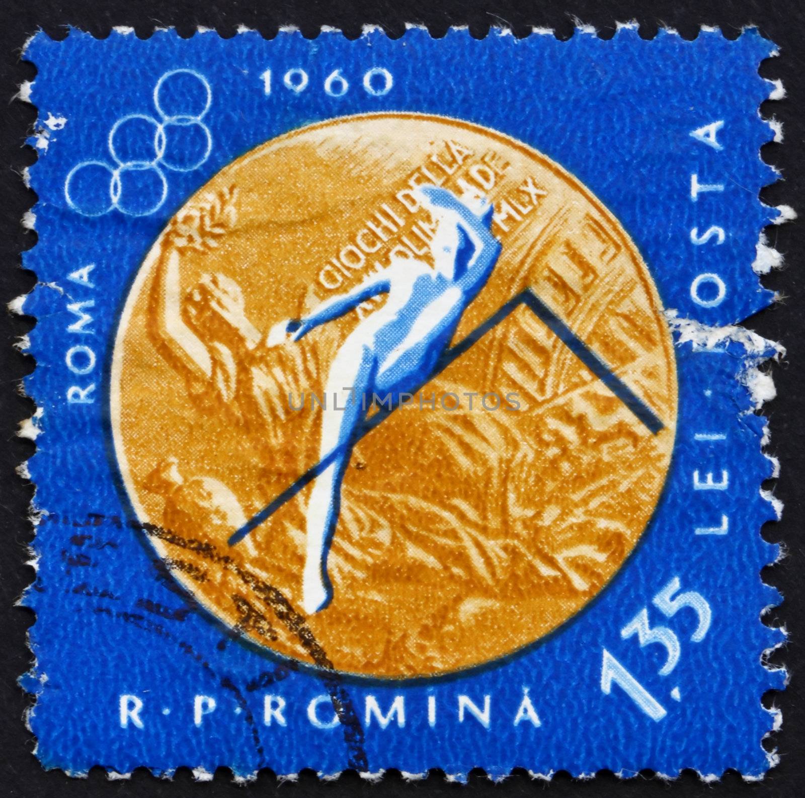 ROMANIA - CIRCA 1961: a stamp printed in the Romania shows Woman�s High Jump, Summer Olympic sports, Roma 60, circa 1961