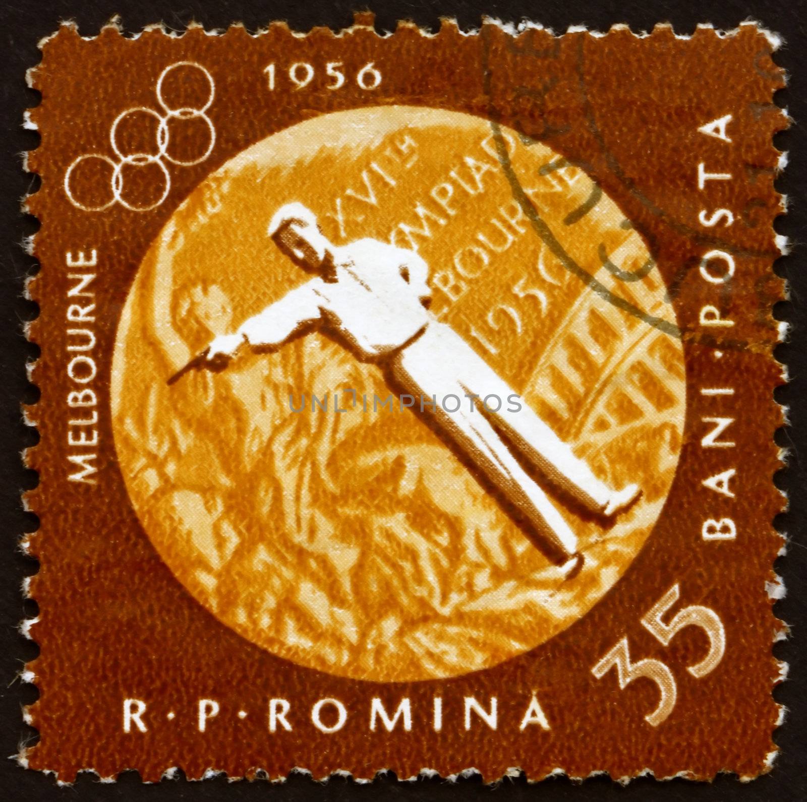 ROMANIA - CIRCA 1961: a stamp printed in the Romania shows Pistol Shooting, Summer Olympic sports, Melbourne 56, circa 1961