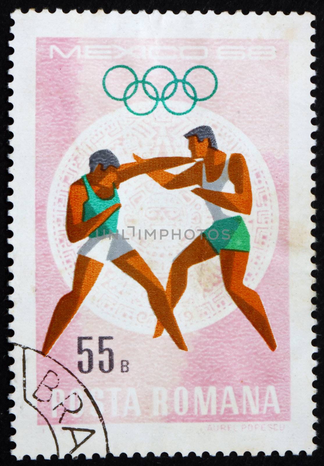 ROMANIA - CIRCA 1968: a stamp printed in the Romania shows Boxing, Summer Olympic sports, Mexico 68, circa 1968