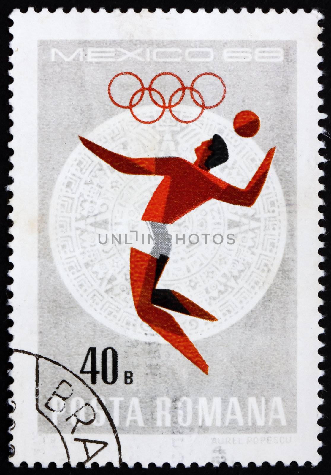 ROMANIA - CIRCA 1968: a stamp printed in the Romania shows Volleyball, Summer Olympic sports, Mexico 68, circa 1968
