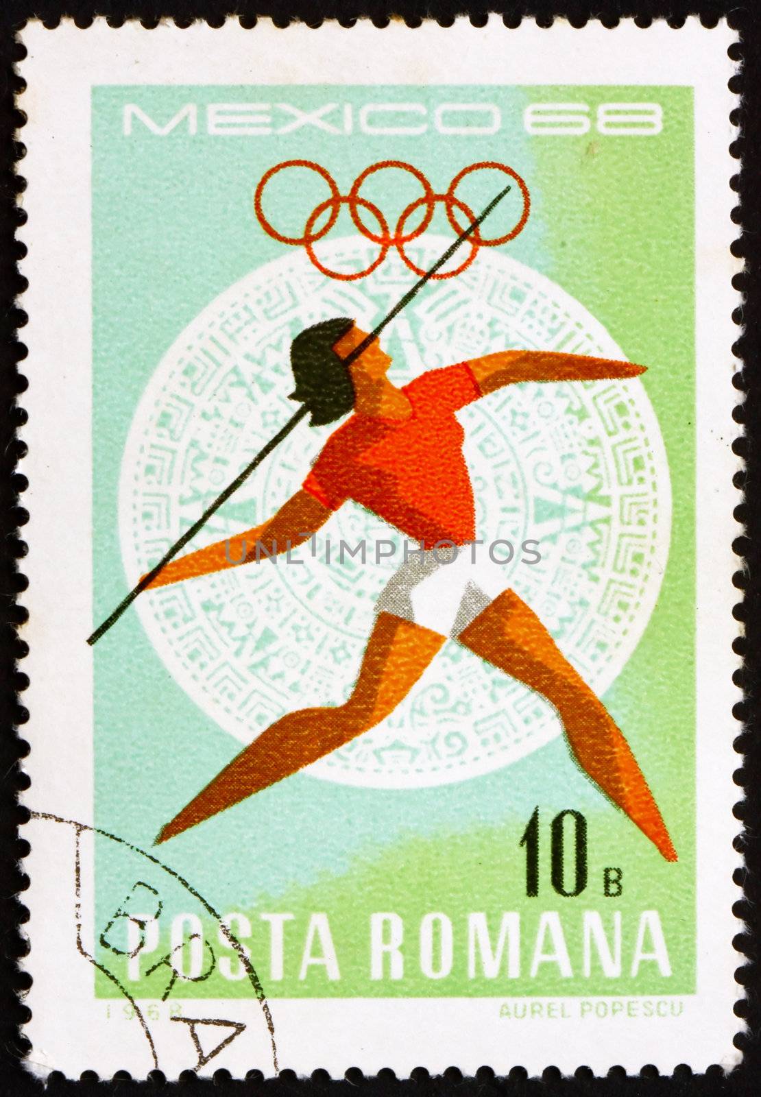 ROMANIA - CIRCA 1968: a stamp printed in the Romania shows Javelin, Women�s, Summer Olympic sports, Mexico 68, circa 1968