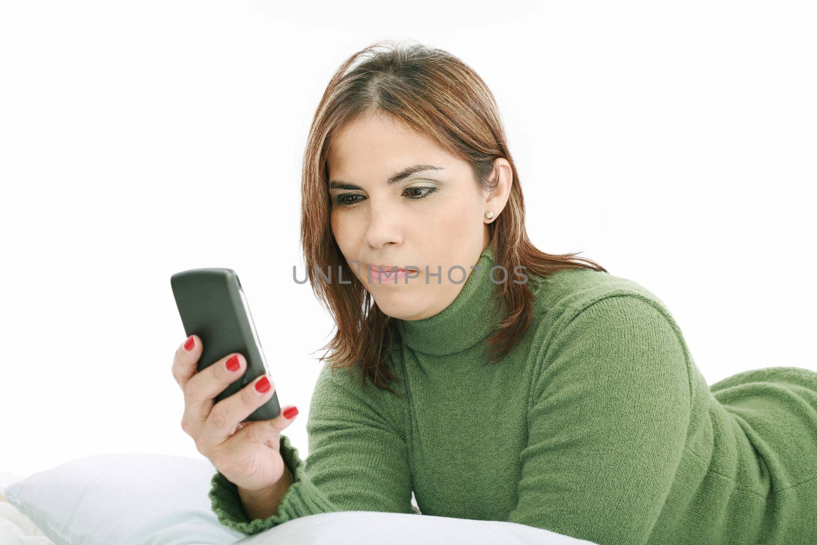 woman angry with technology isolated over a white background