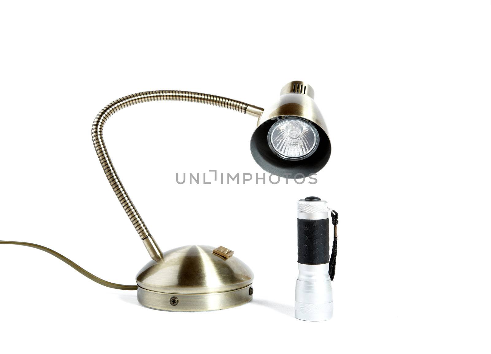 Desk lamp and manual lantern on a white background