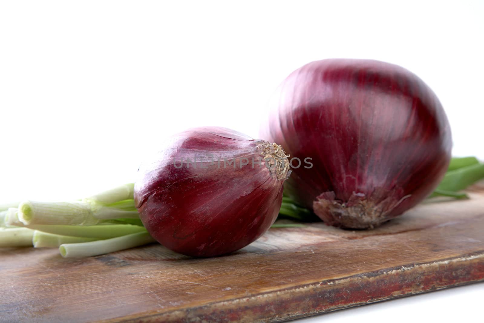 bulb and green onion a chopping board