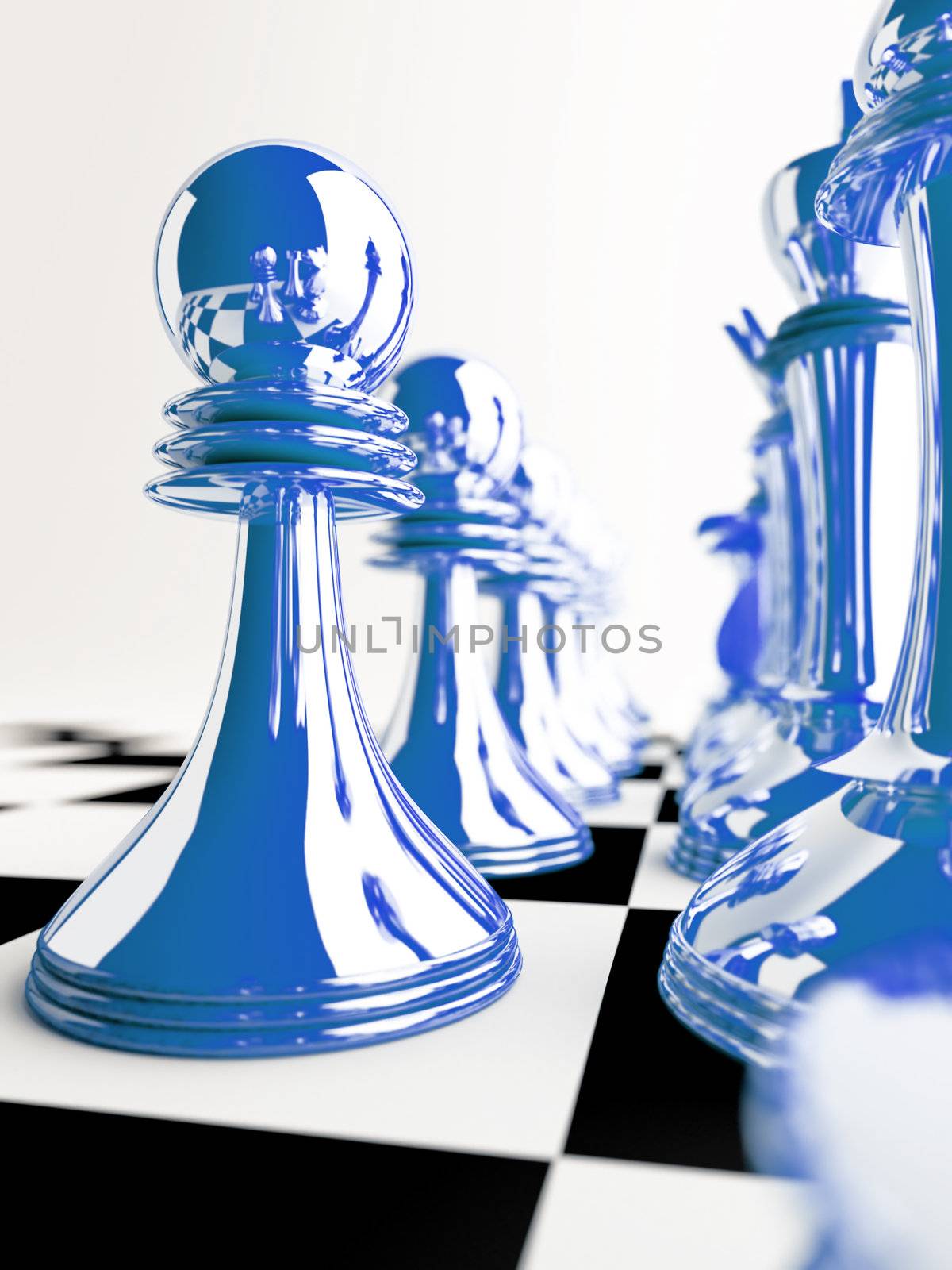 chessmen of blue color on checkered board by Serp