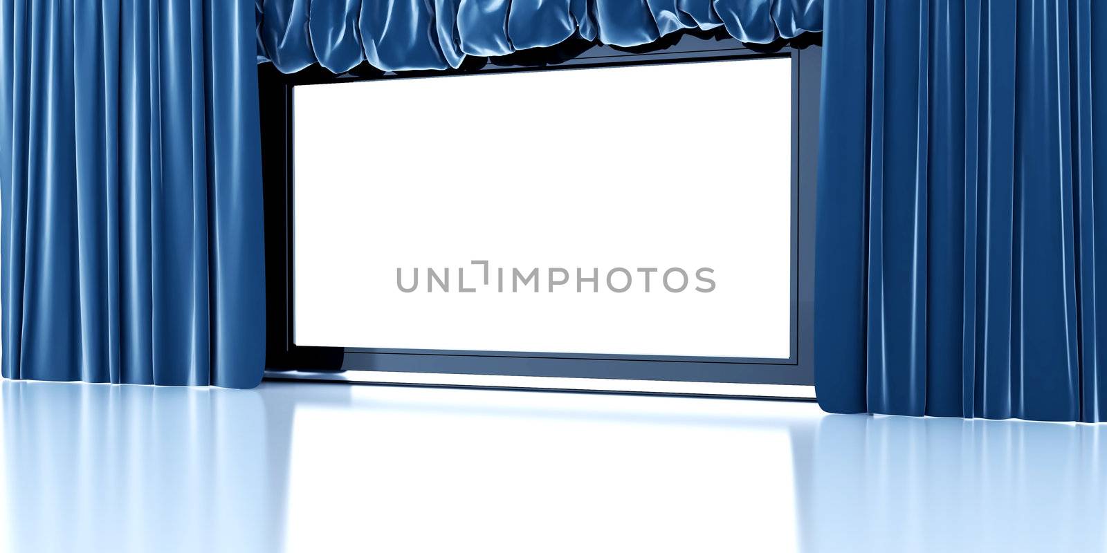 empty white modern screen with blue curtains around