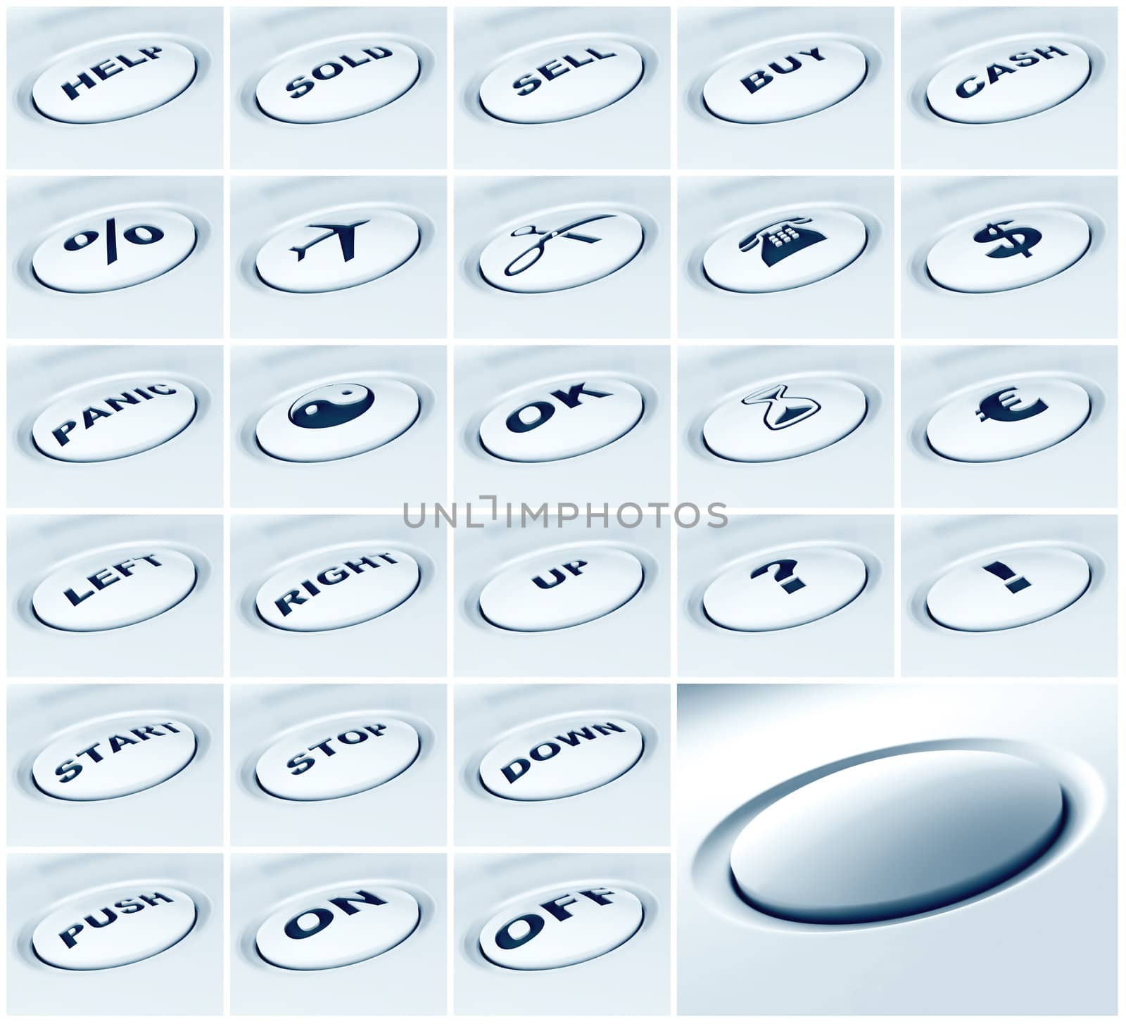 set of white plastic buttons with different signs and symbols