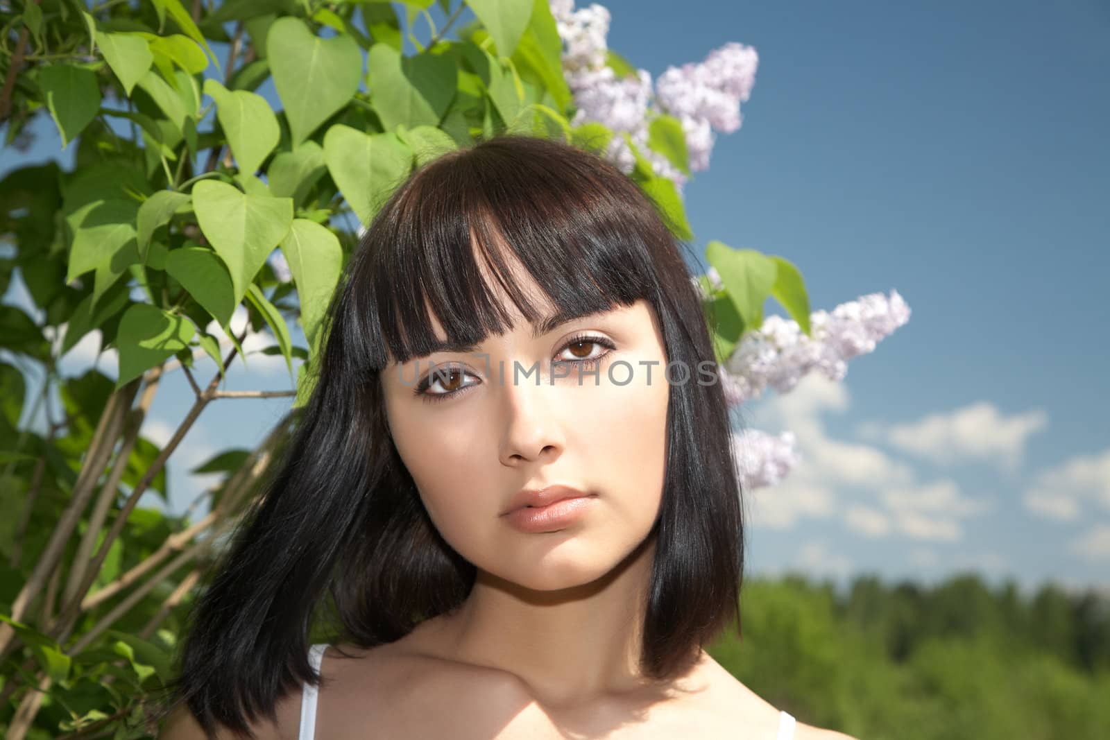 The girl against lilac bushes and sky 