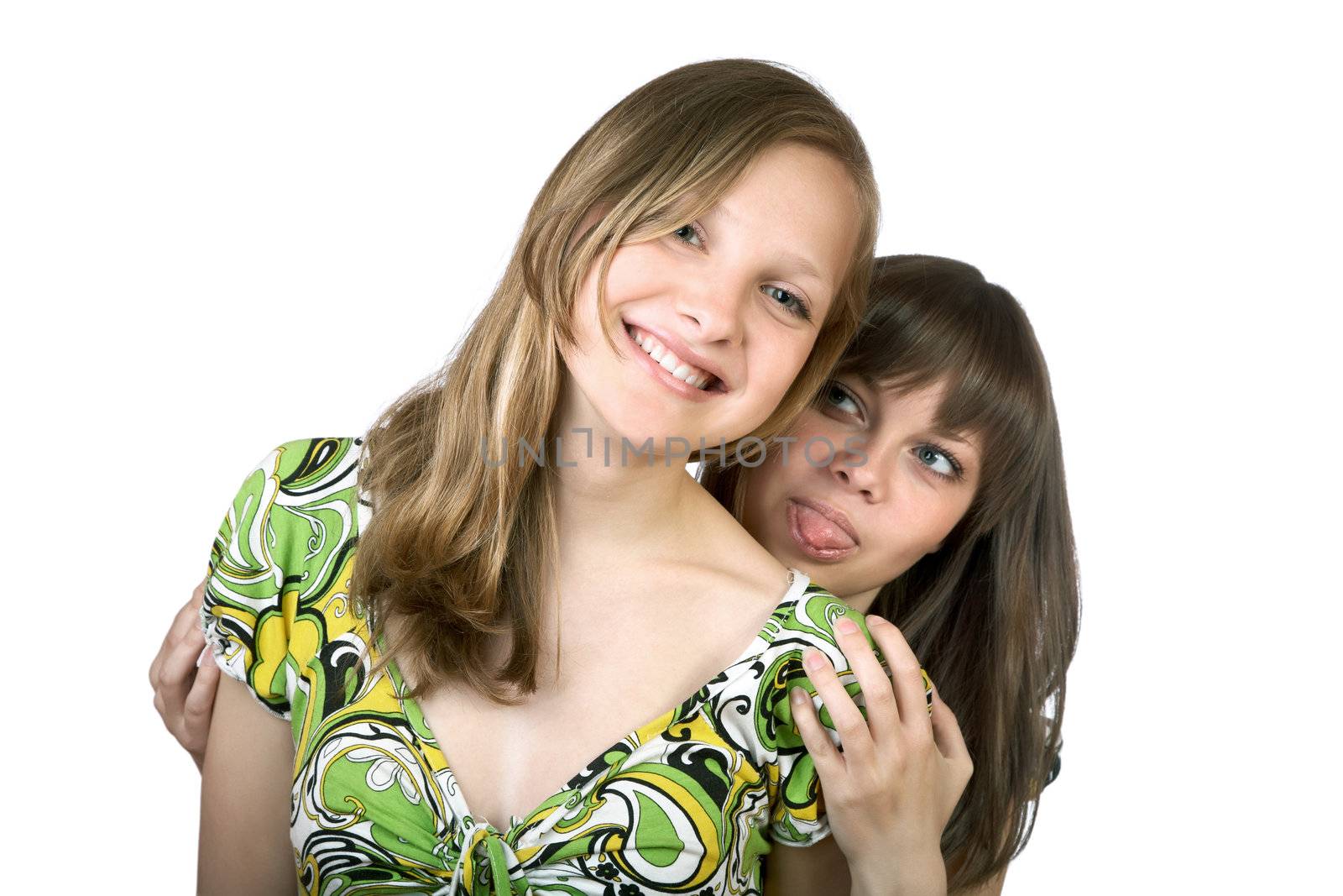 girl  teenager puts out the tongue at the girlfriend on a white background