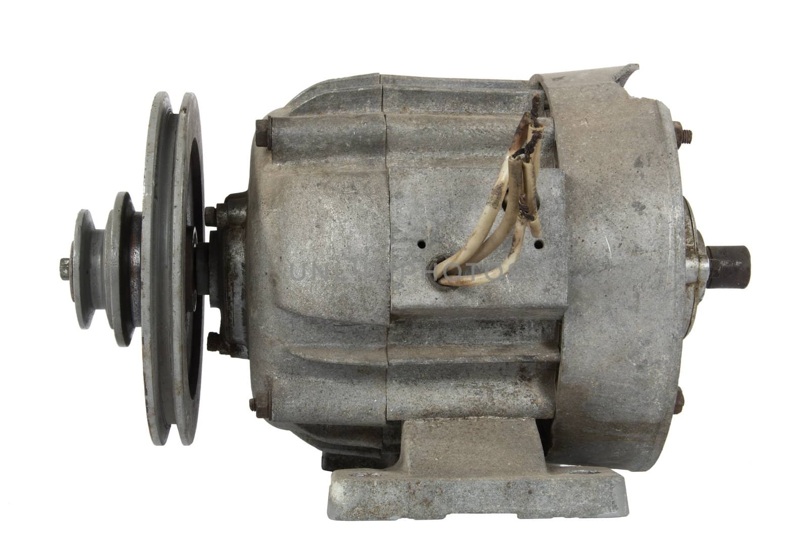 Old electric motor with a pulley, isolated on white background