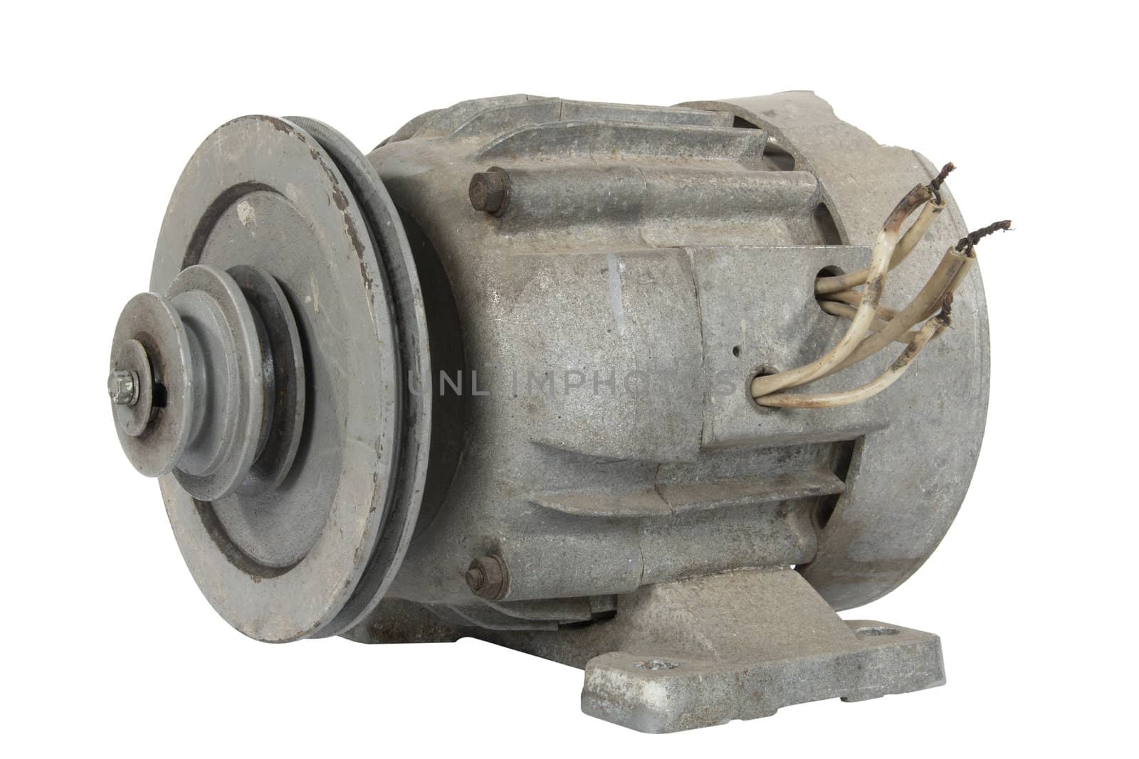 Old electric motor with a pulley, isolated on white background