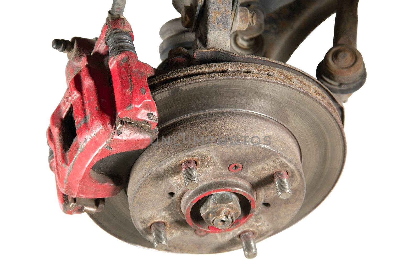 Old brake pads and disk, isolated on a white background