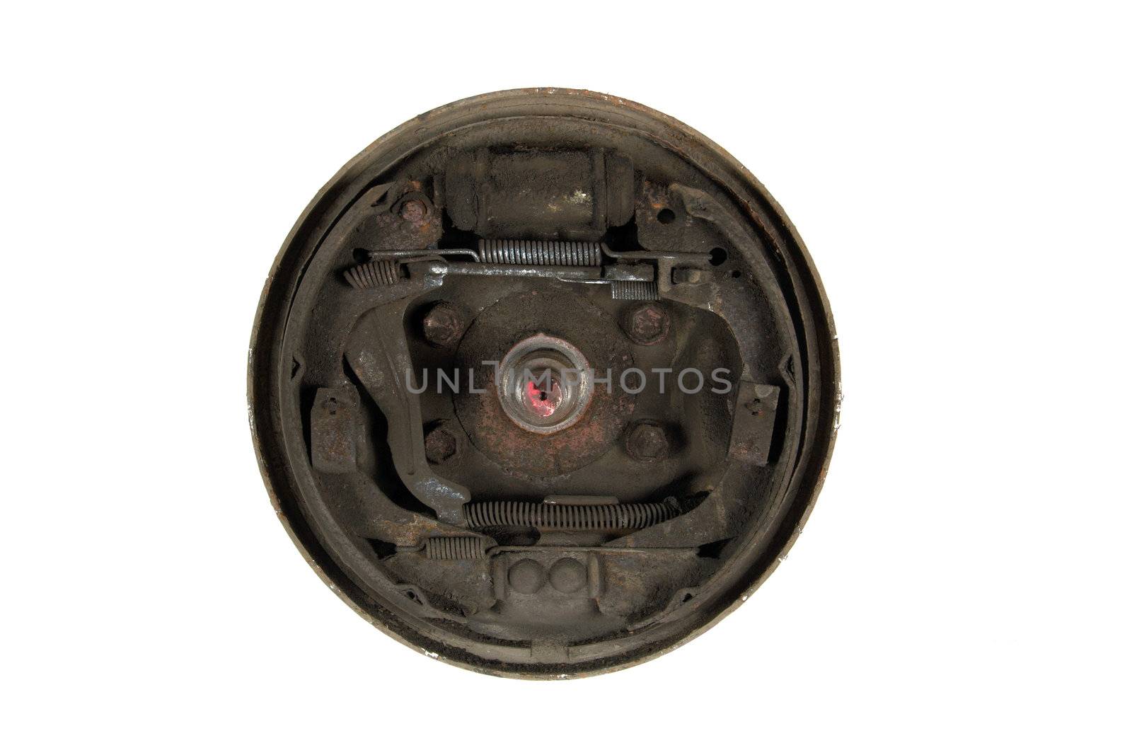 Old brake pads and cylinder brake drum, isolated on a white background