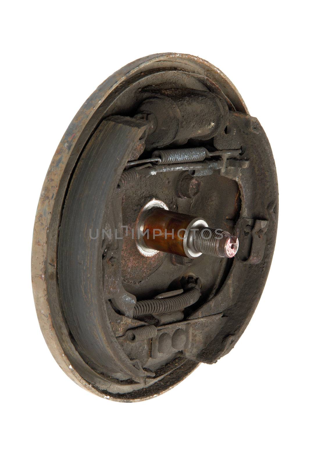 Old brake pads and cylinder brake drum, isolated on a white background