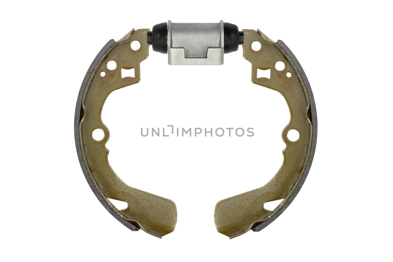 New brake pads and cylinder brake drum, isolated on a white background