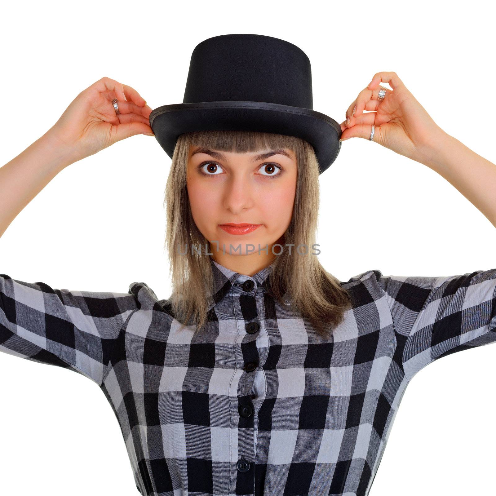 Portrait of a girl in a black silk hat, isolated on white background