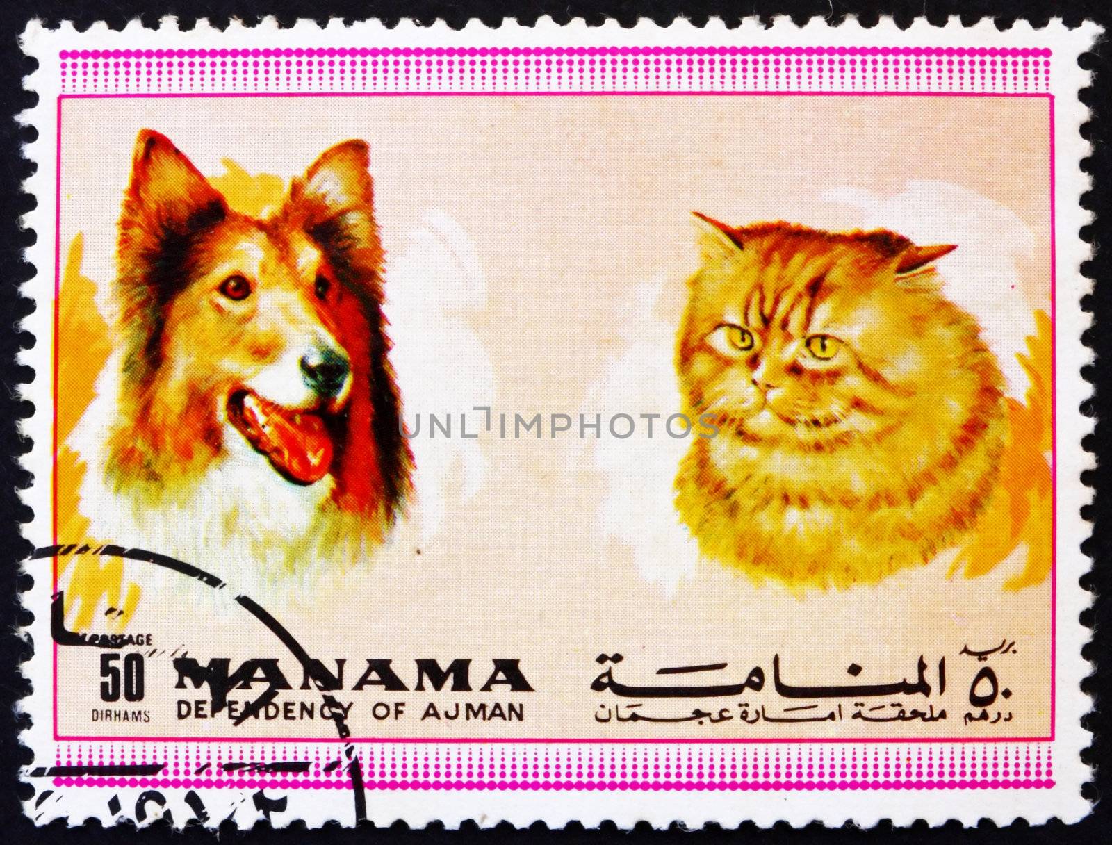 MANAMA - CIRCA 1972: a stamp printed in the Manama shows Dog and Cat, Pets, circa 1972