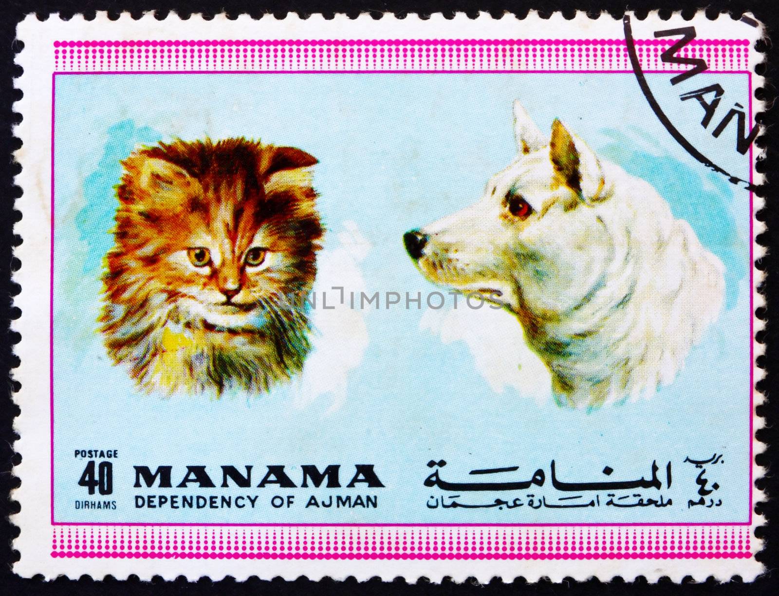 MANAMA - CIRCA 1972: a stamp printed in the Manama shows Dog and Cat, Pets, circa 1972