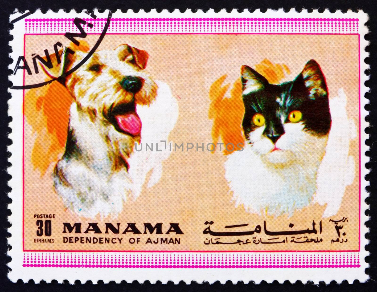 MANAMA - CIRCA 1972: a stamp printed in the Manama shows Dog and Cat, Pets, circa 1972