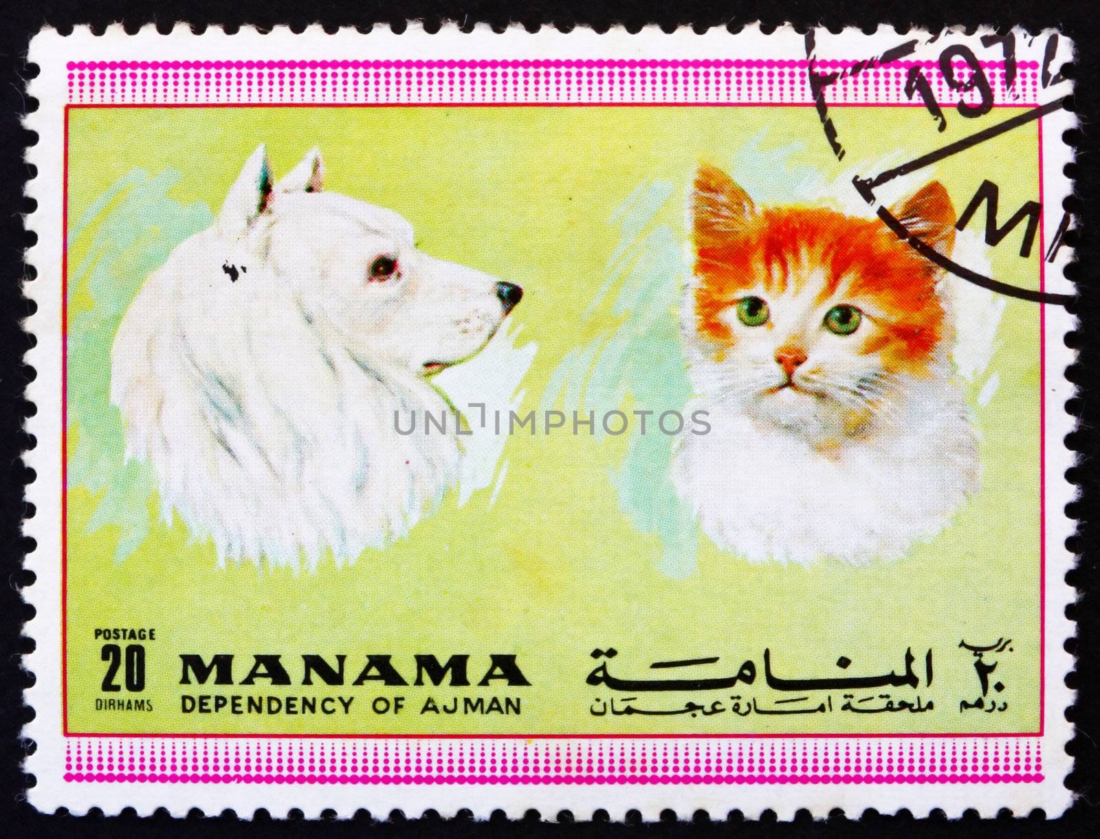 MANAMA - CIRCA 1972: a stamp printed in the Manama shows Dog and Cat, Pets, circa 1972