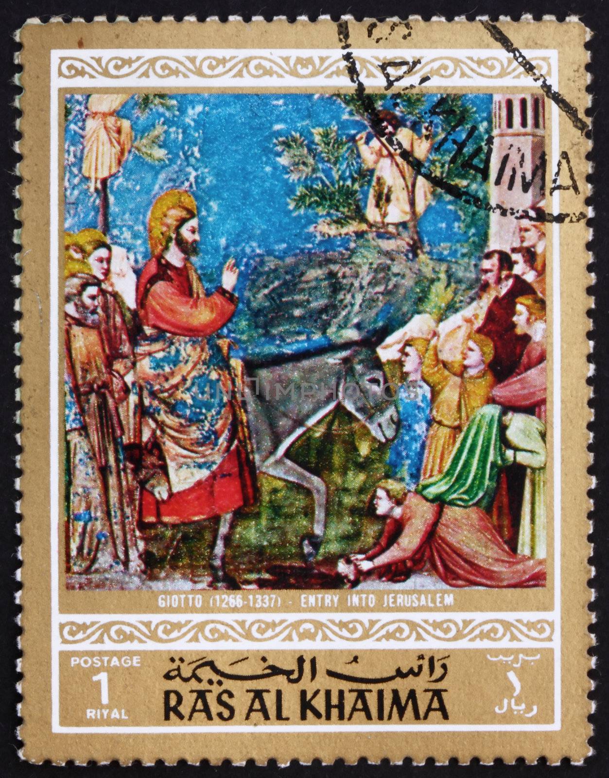 RAS AL-KHAIMAH - CIRCA 1970: a stamp printed in the Ras al-Khaimah shows Entry into Jerusalem, Painting by Giotto di Bondone, Life of Jesus Christ, circa 1970