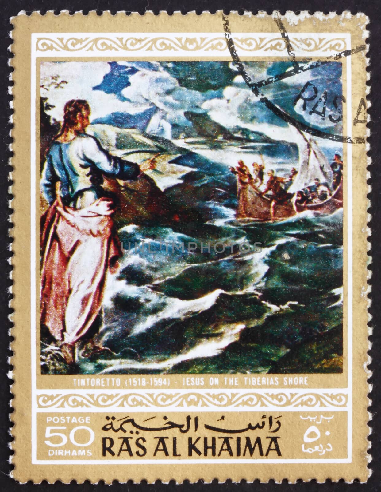 RAS AL-KHAIMAH - CIRCA 1970: a stamp printed in the Ras al-Khaimah shows Christ at the Sea of Galilee, Painting by Jacopo Tintoretto, Life of Jesus Christ, circa 1970