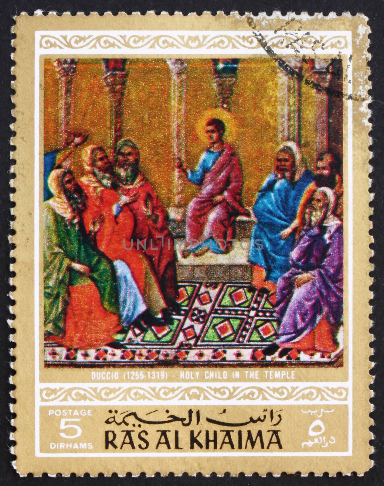 RAS AL-KHAIMAH - CIRCA 1970: a stamp printed in the Ras al-Khaimah shows Jesus in the Temple, Painting by Duccio di Buonisegna, Life of Jesus Christ, circa 1970