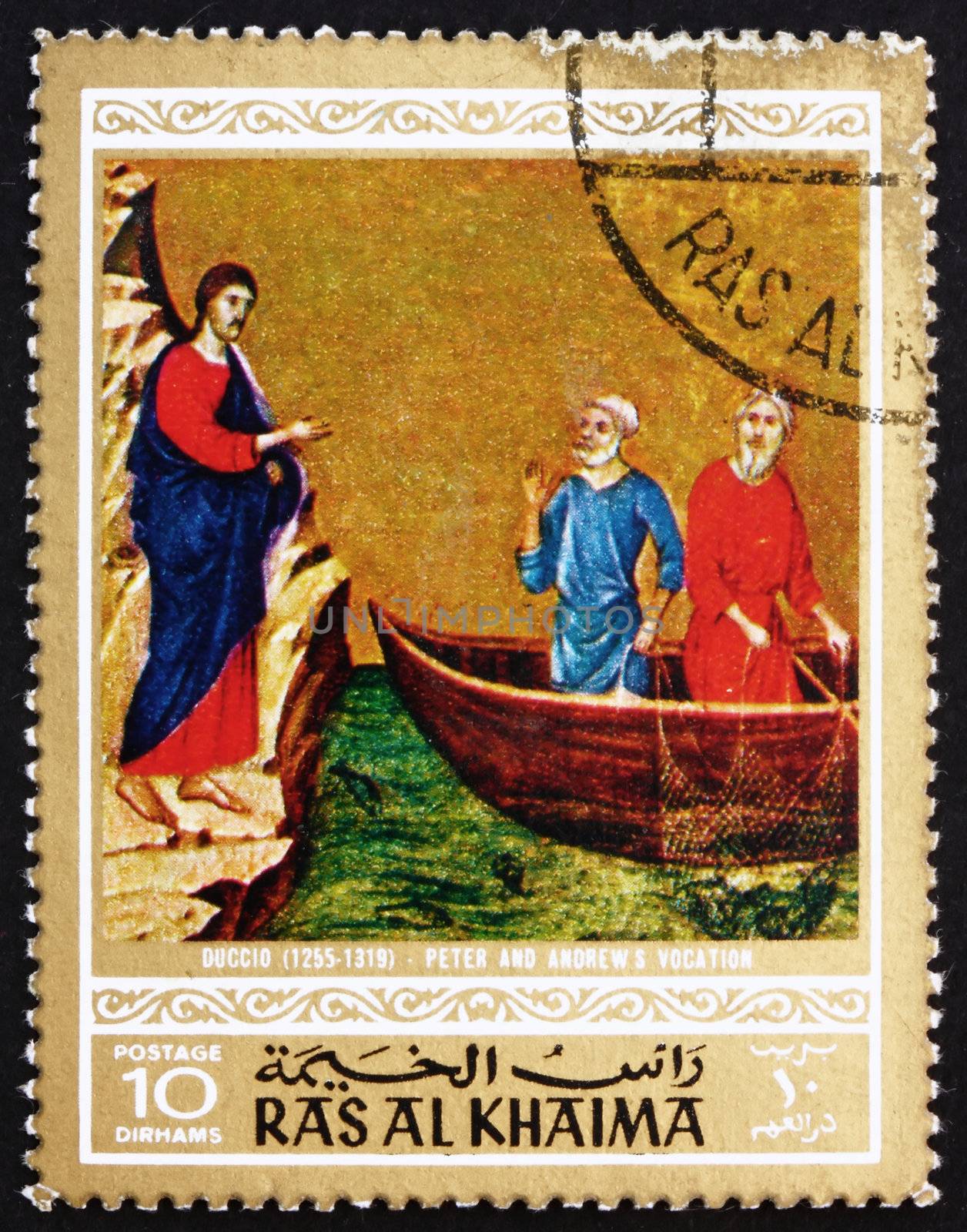 RAS AL-KHAIMAH - CIRCA 1970: a stamp printed in the Ras al-Khaimah shows Calling of Peter and Andrew, Painting by Duccio di Buonisegna, Life of Jesus Christ, circa 1970