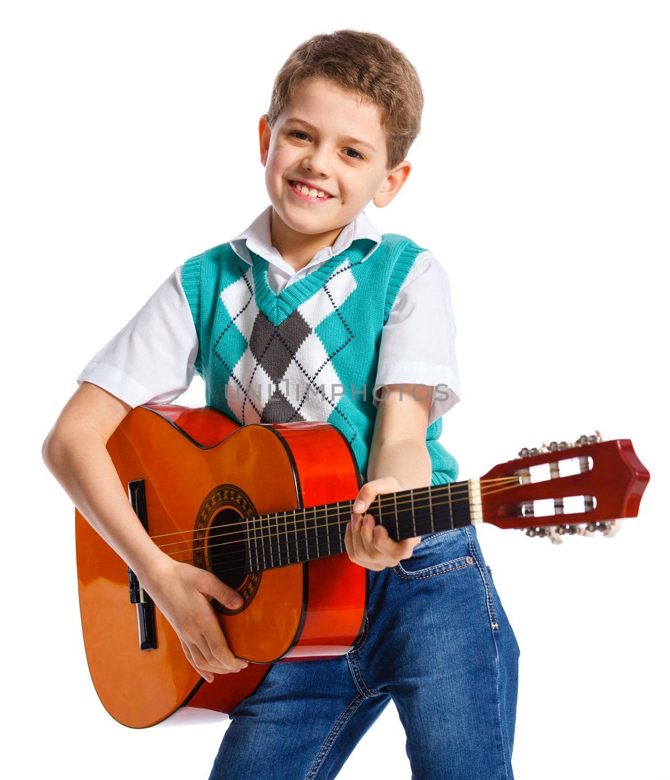 Cute boy with classical guitar. Isolated on white background