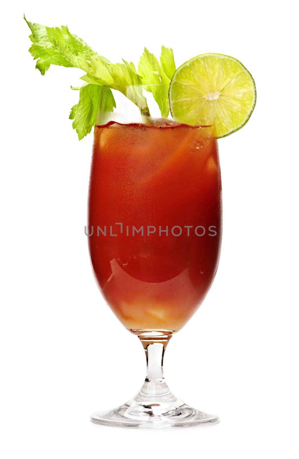 Bloody mary in glass isolated on white background with celery stalk