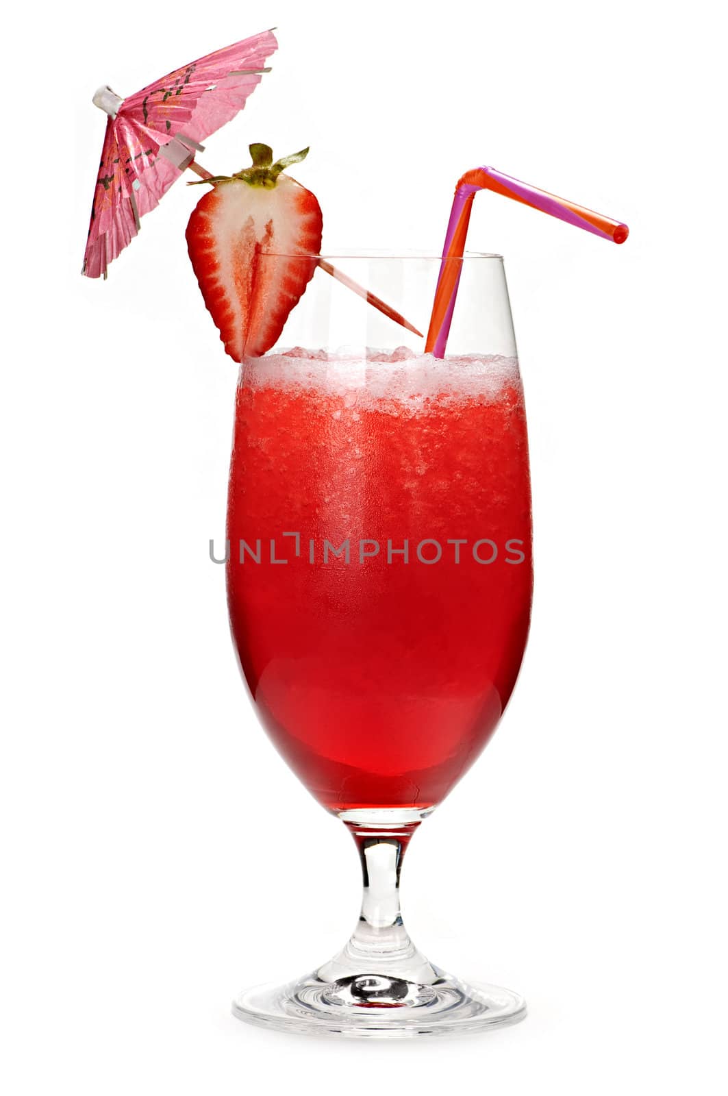 Strawberry daiquiri in glass isolated on white background with umbrella