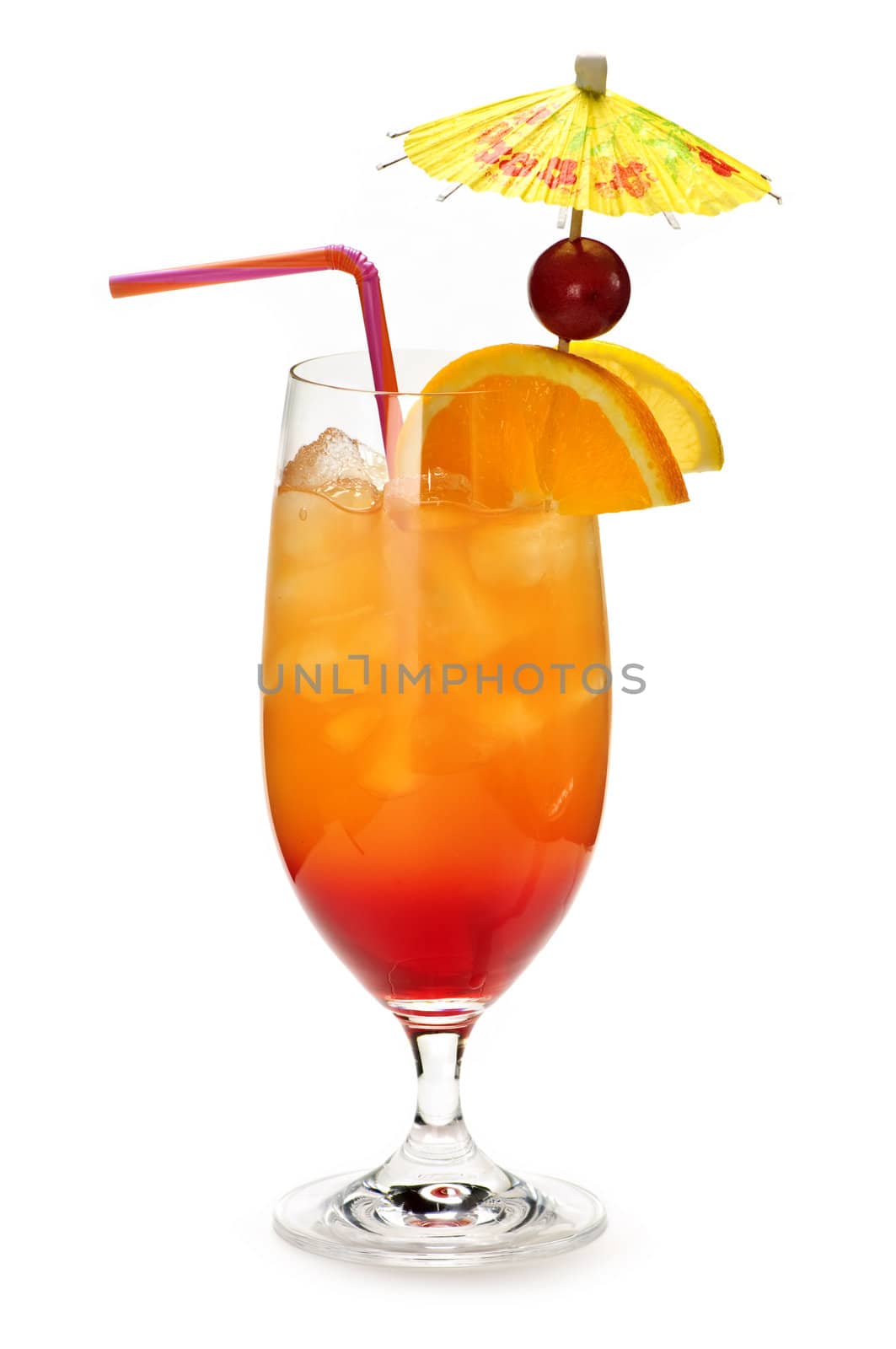 Tropical cocktail in glass isolated on white background with umbrella