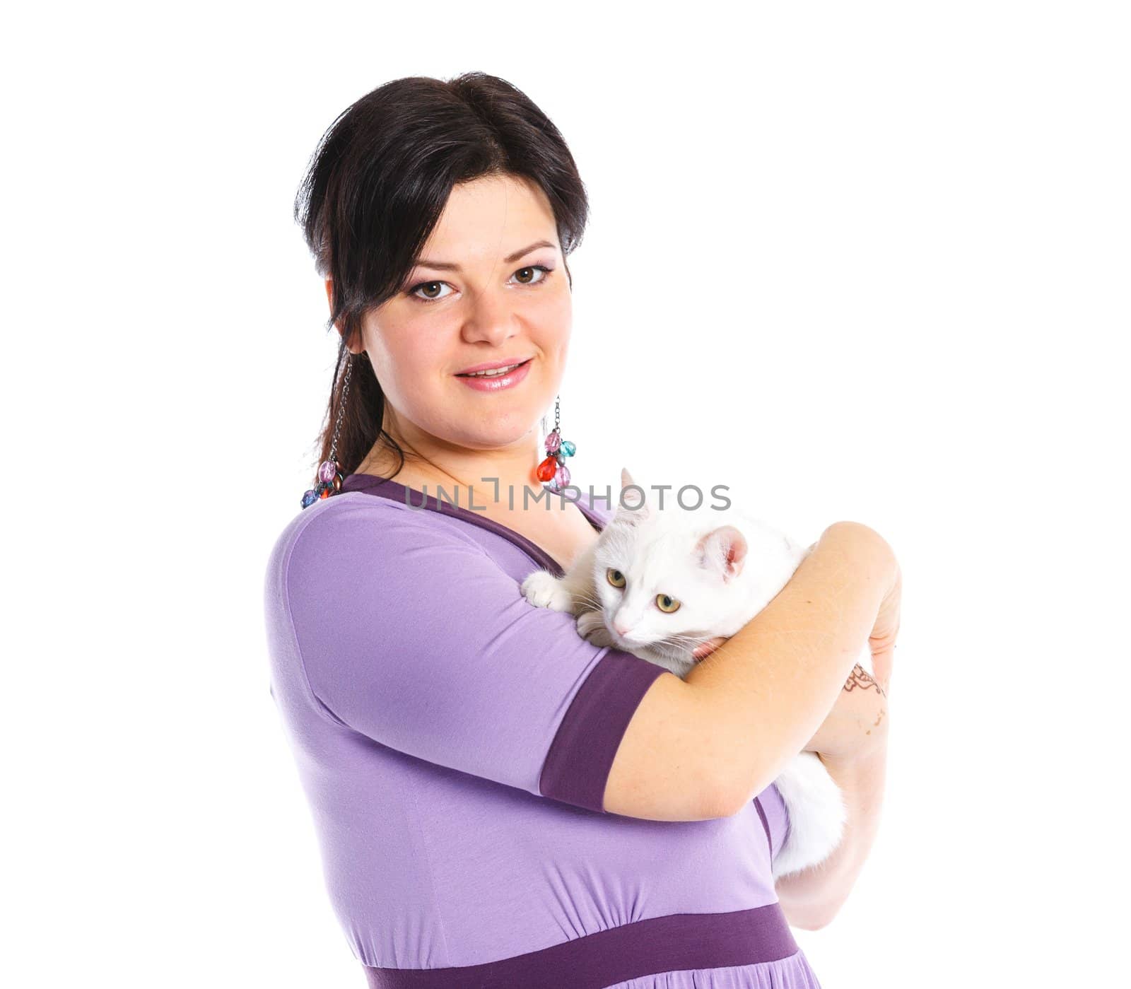 Young pretty woman hold her lovely white cat. Isolated on a white background