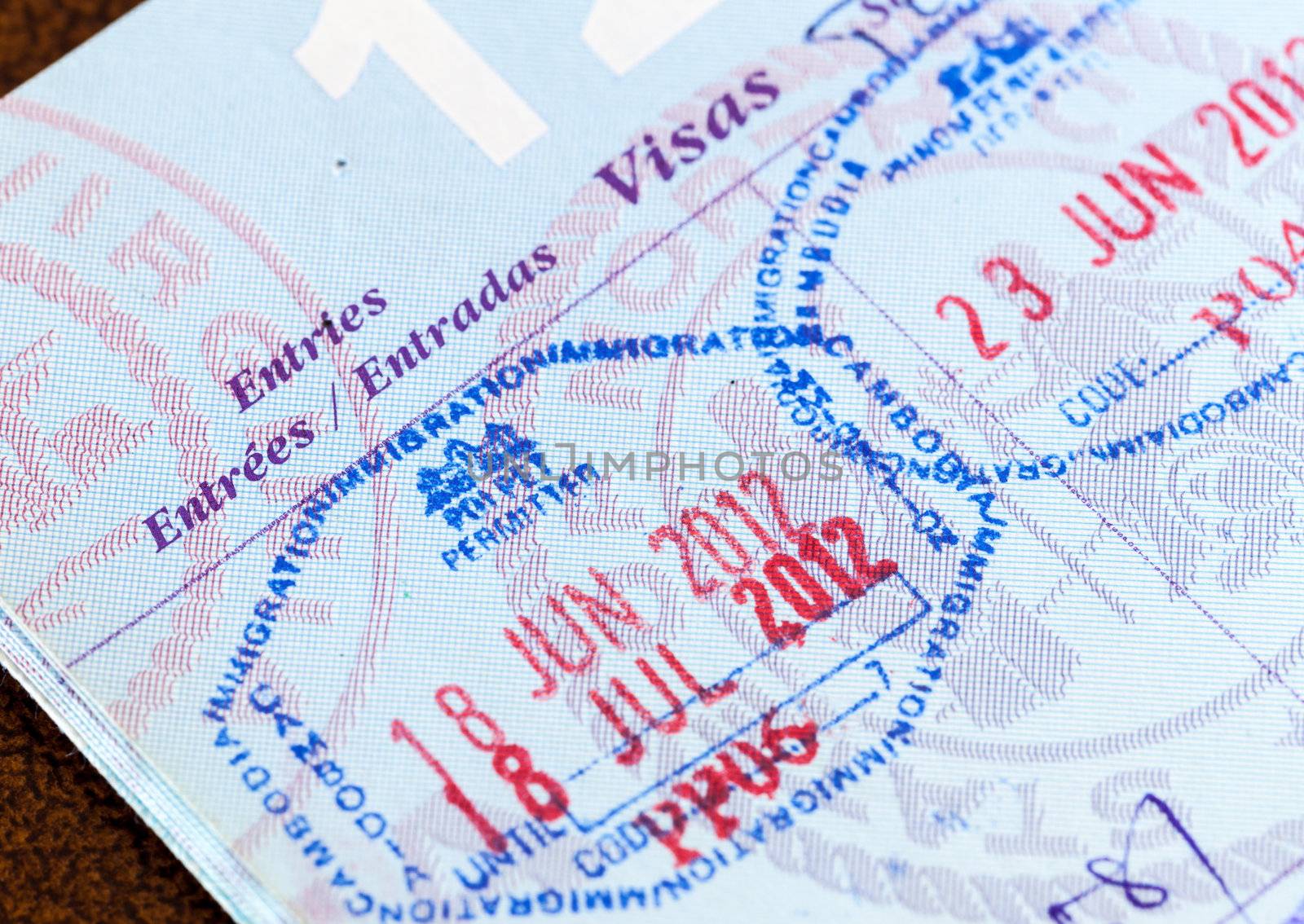 Stamps in a USA passport for Cambodia and Thailand entry visas