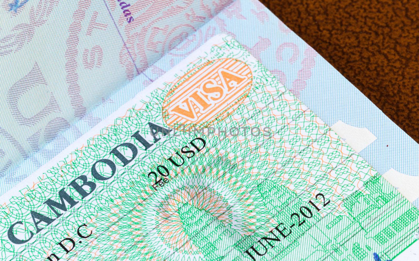 Visa in a USA passport for Cambodia