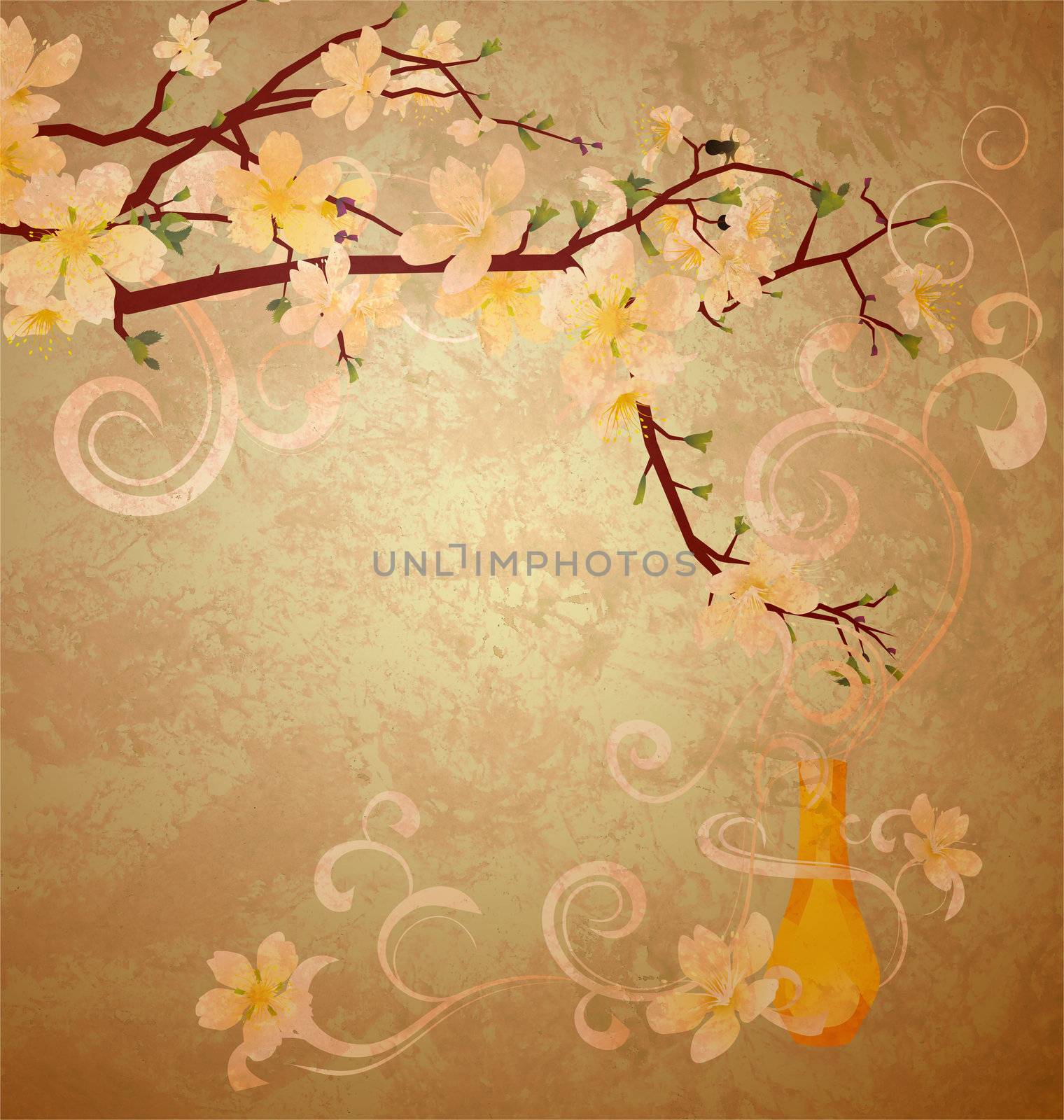 yellow blossoming tree and fragrance vintage style illustration