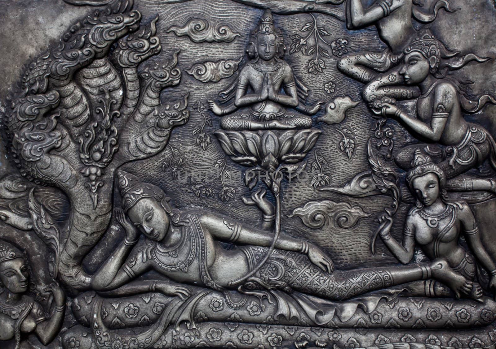 Carved stone at erawan museum,Thailand