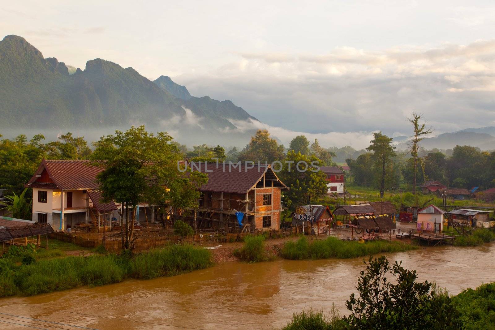 Village and mountain in Vang Vieng, Laos
