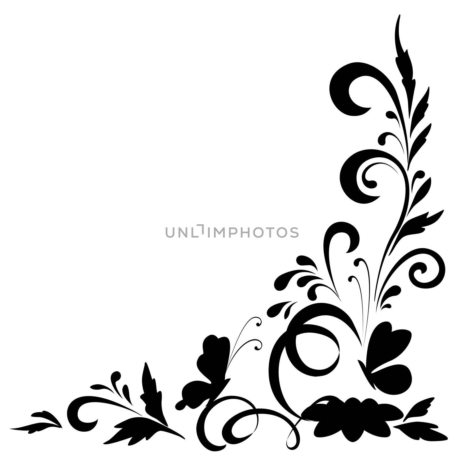 Abstract floral background with flowers and butterflies, black silhouettes on white background