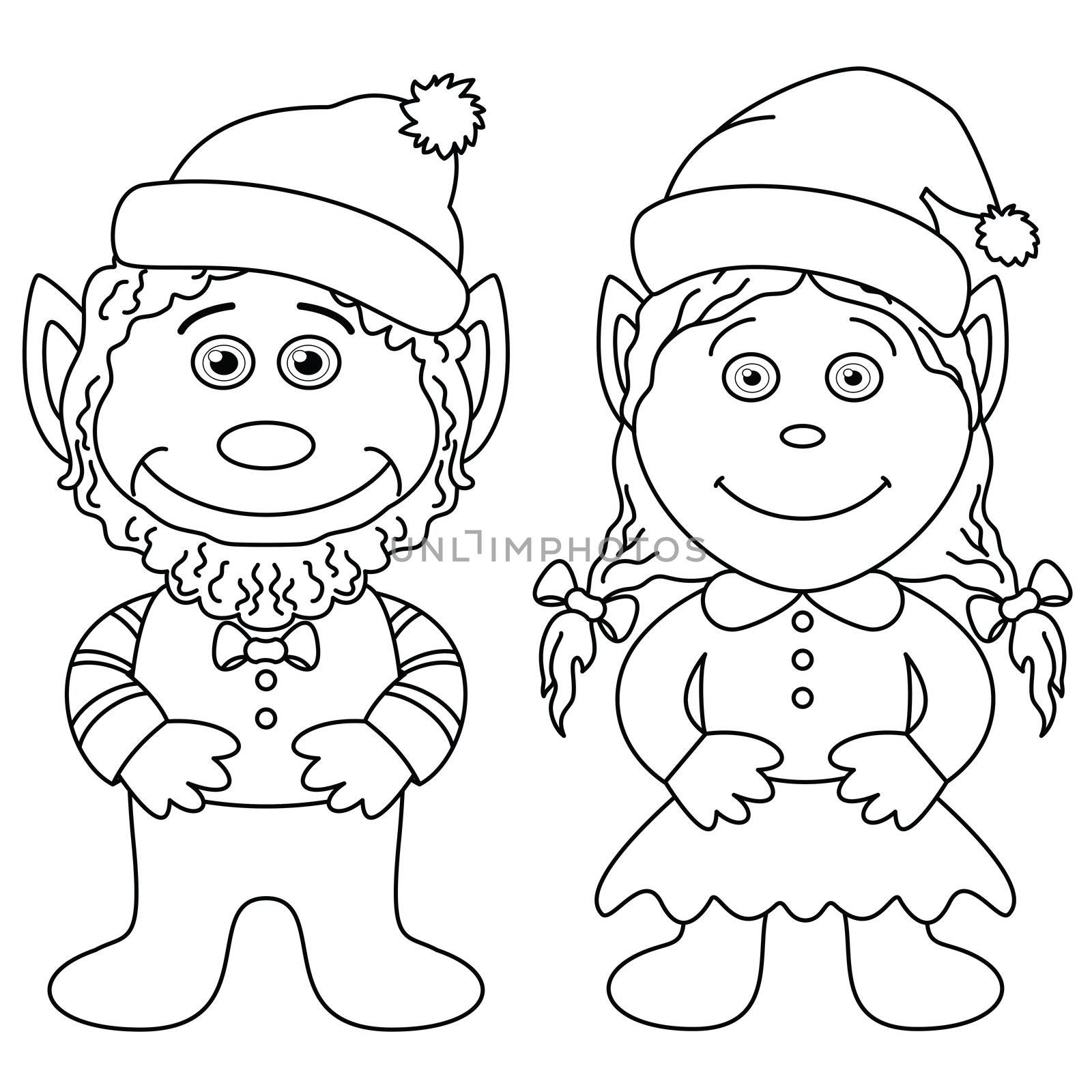 Cartoon, garden gnomes, boy and girl, black contour on white background