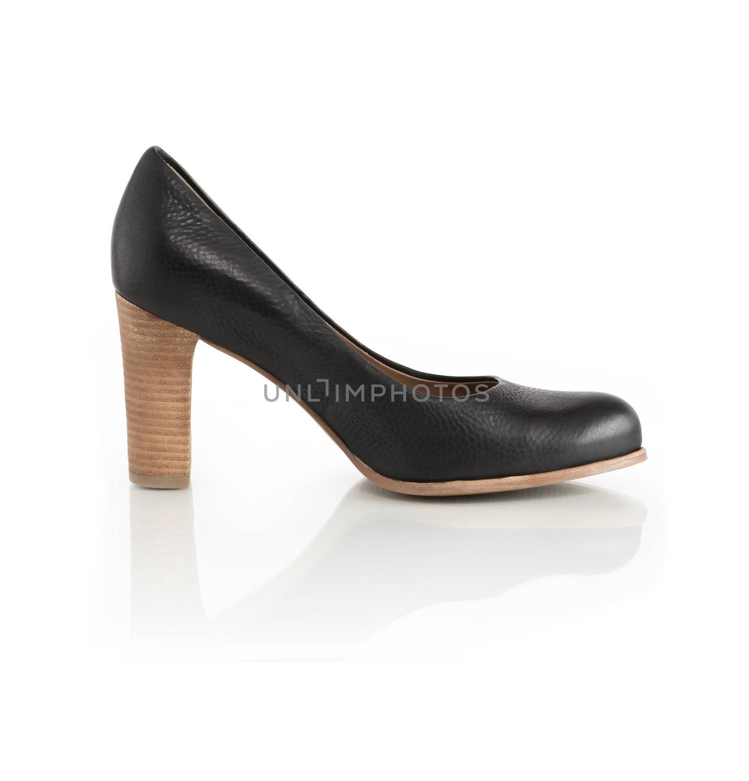 One black leather woman�s shoe with high heel on white background. Isolated with clipping path