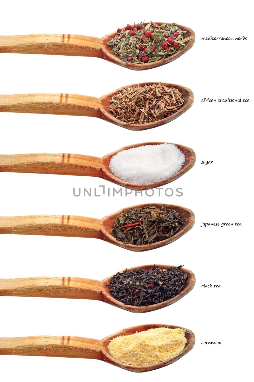 collection of different ingredients in old wooden spoon isolated on white background