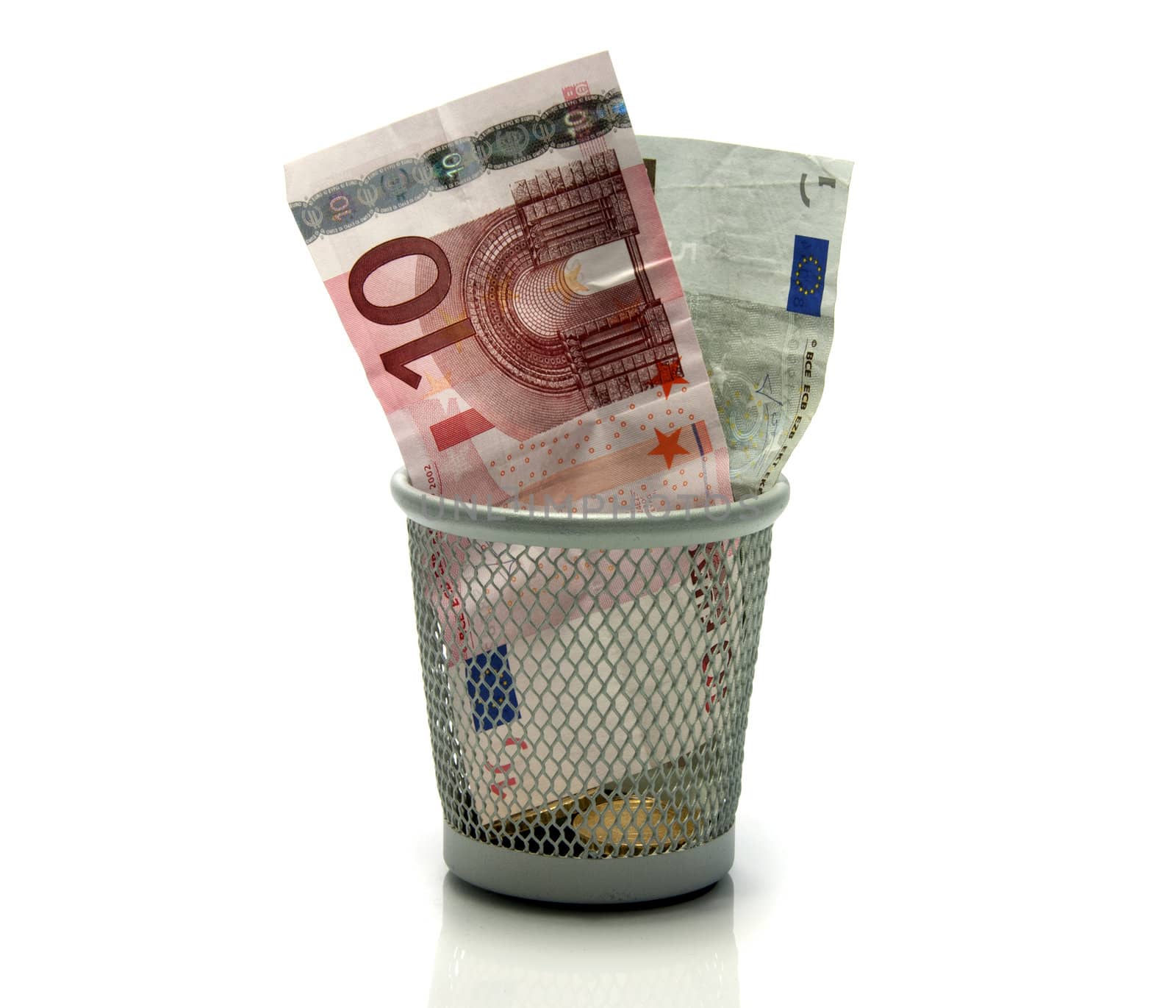 euro money in a trash