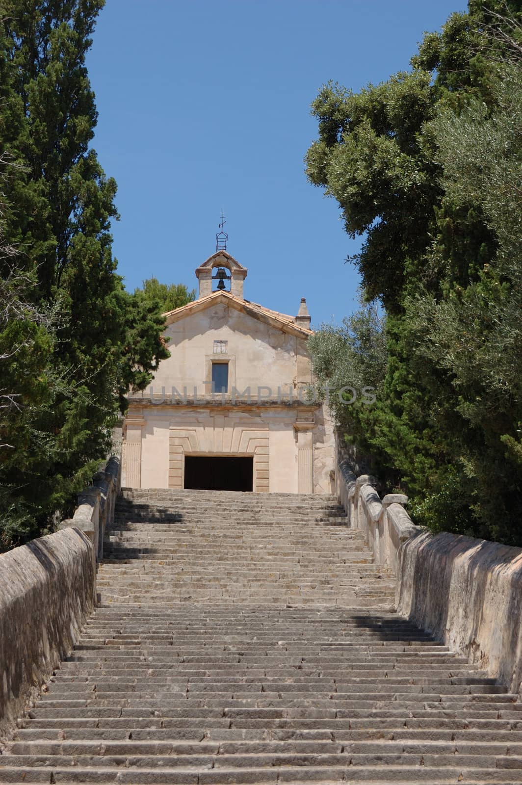 Looking up the Calvary steps in Pollensa, Mallorca towards the Calvary Chapel