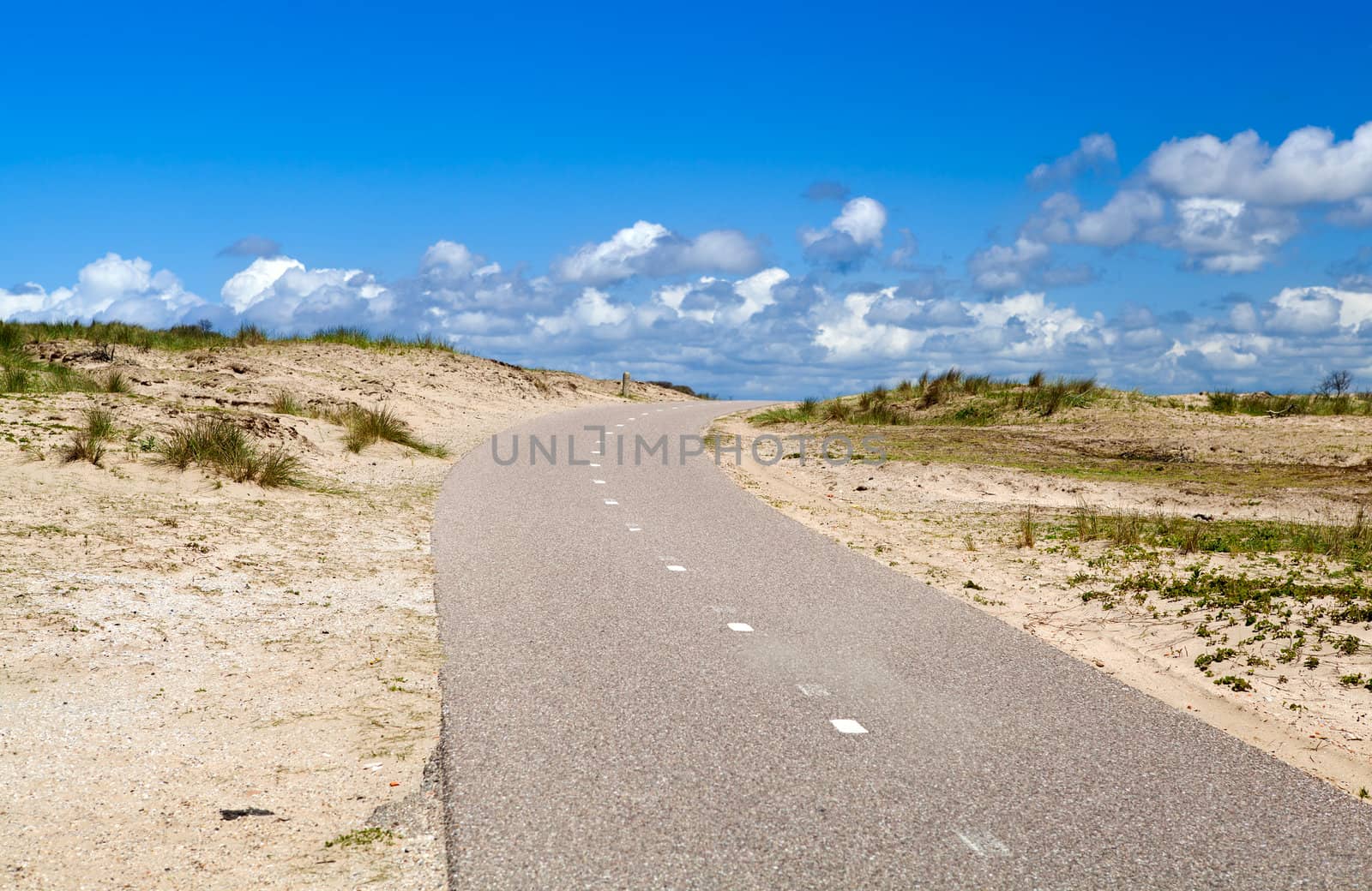 road between dunes to the blue sky with white clouds
