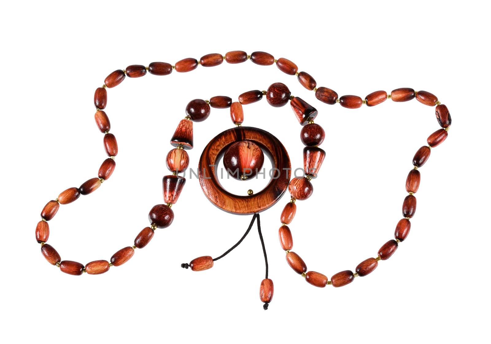 A necklace of wooden figures of red-brown color, isolated on white background