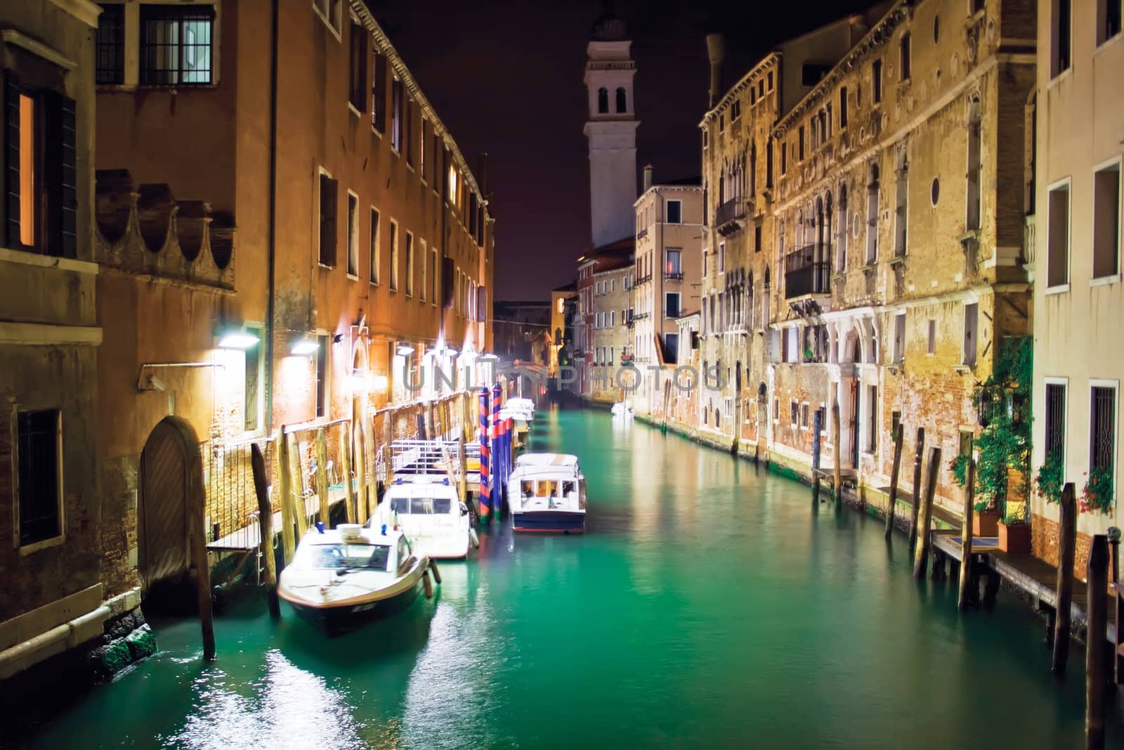 Water police boats in Venice at night