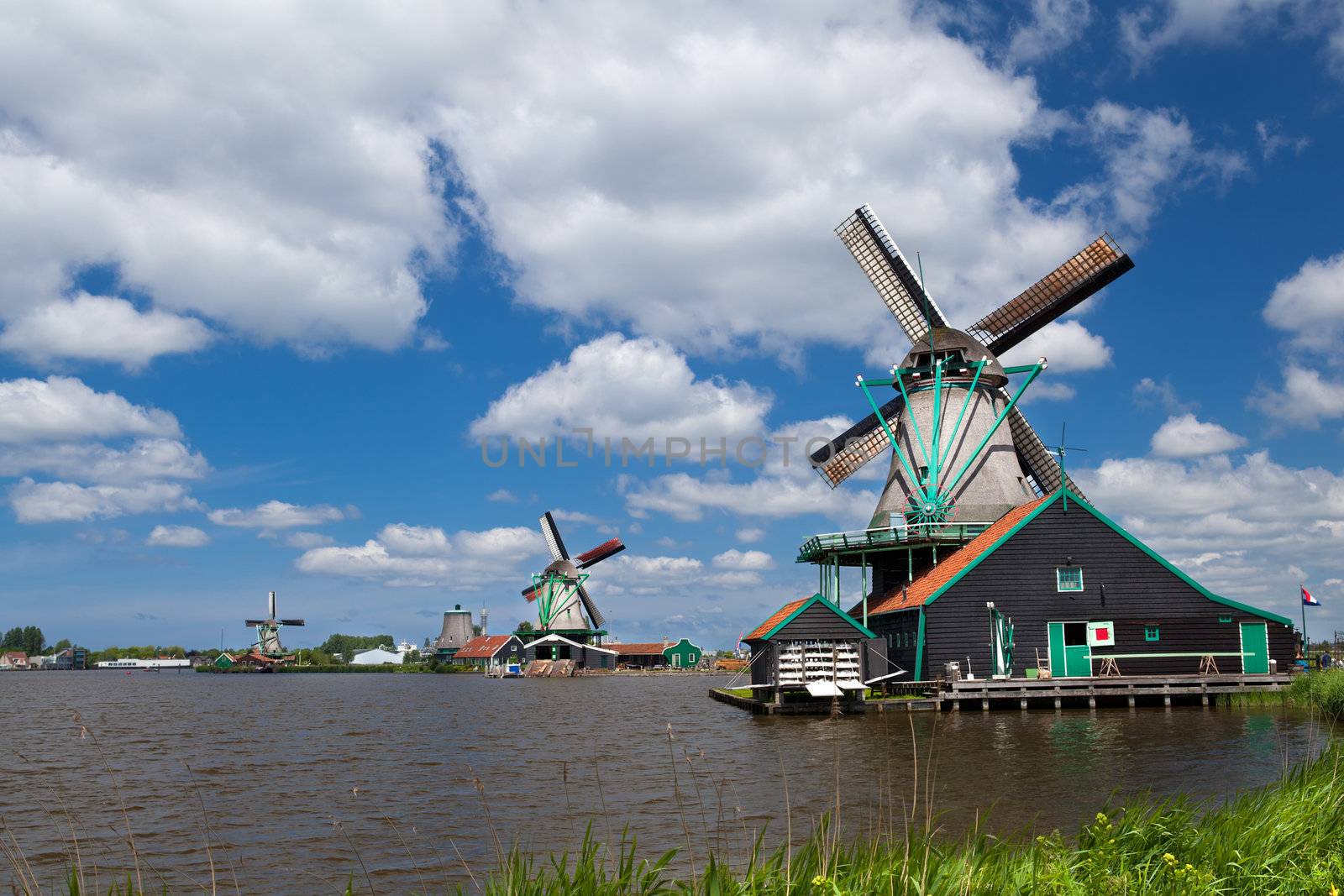 old windmills in small Dutch town Zaanse Schans