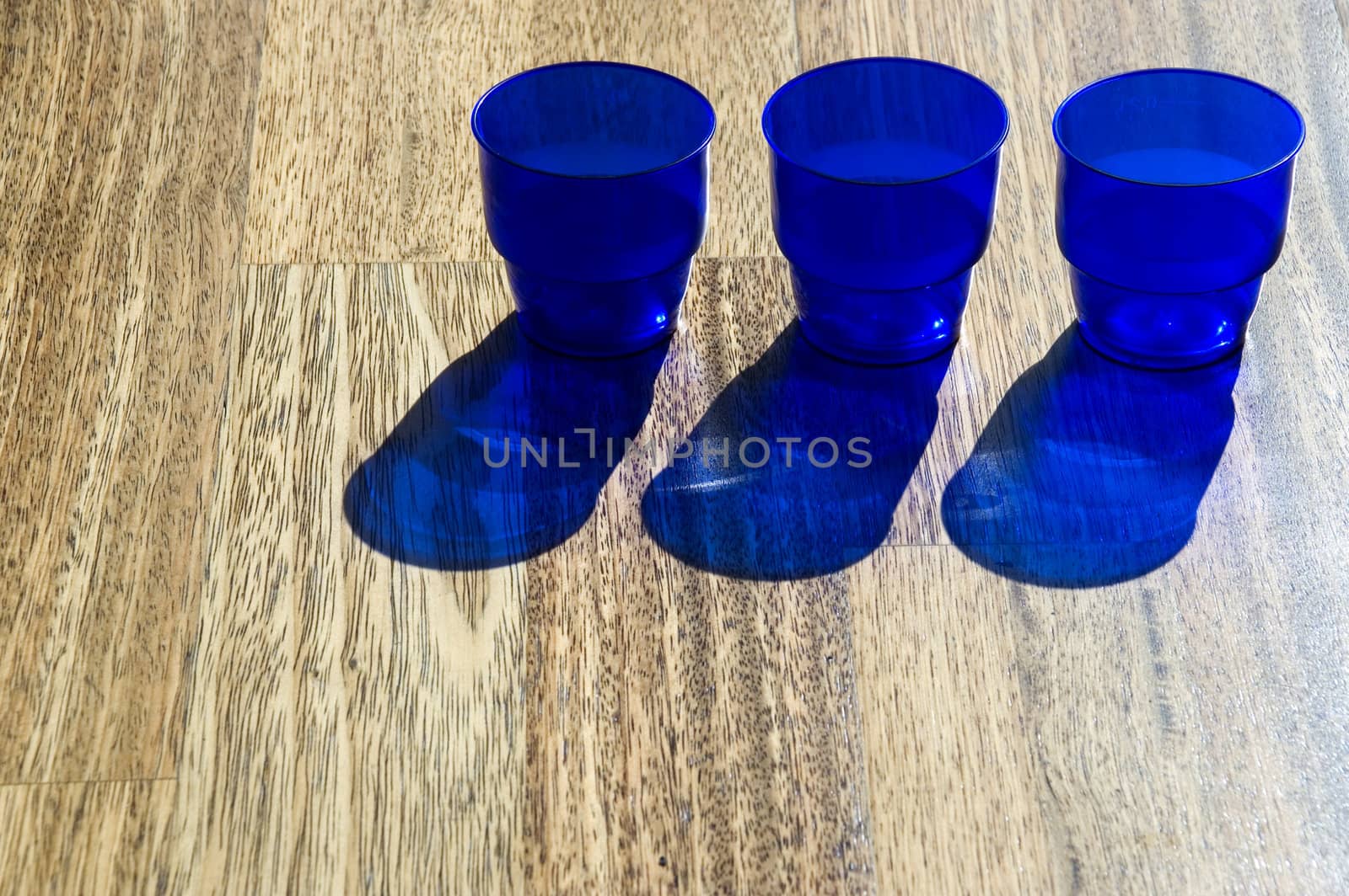 Dark blue utensils, shadow on a floor.